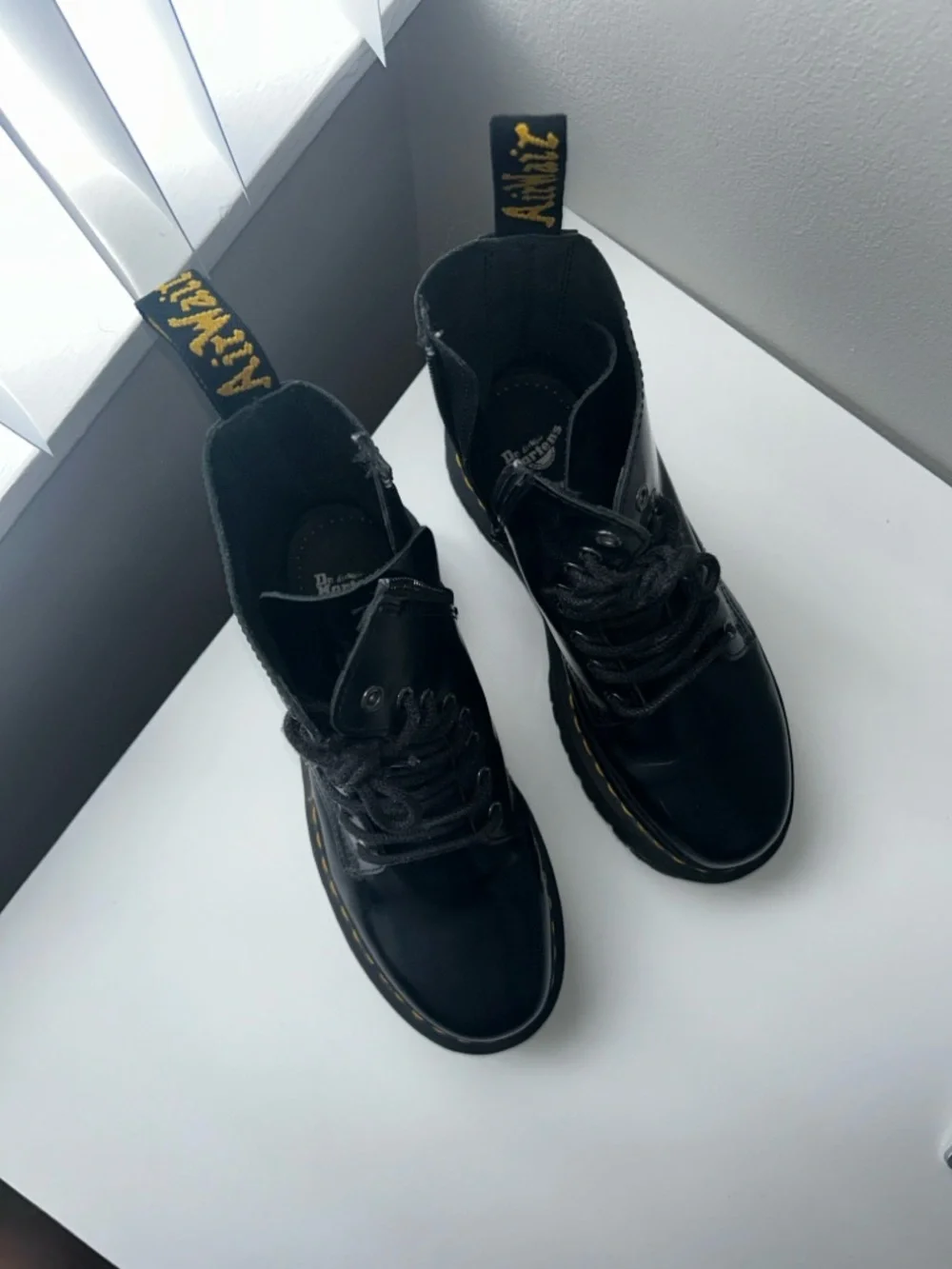 Dr. Martens Black Platform Lace-Up Boots with Yellow Stitching - Picture 6 of 7